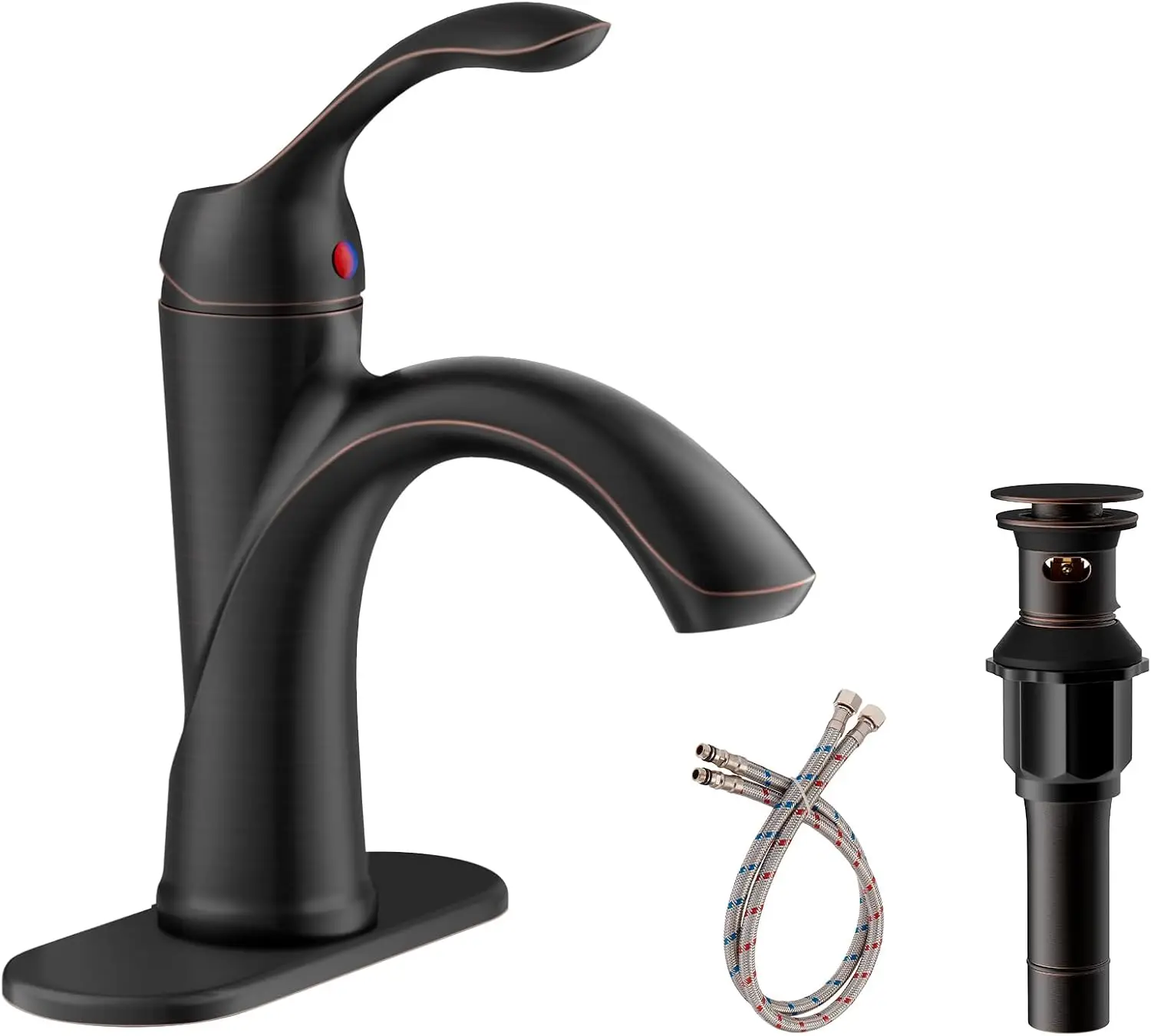 

Oil Rubbed Bronze Bathroom Faucet 1 Hole Single Handle Lavatory Sink Mixer Tap with Pop Up Drain and Supply Lines
