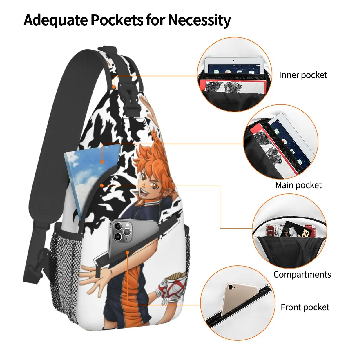 Haikyuu Anime Crossbody Sling Bags Pequeno Peito Saco Bokuto Voleibol Manga Ombro Mochila Mochila Caminhadas Outdoor Camping Pack