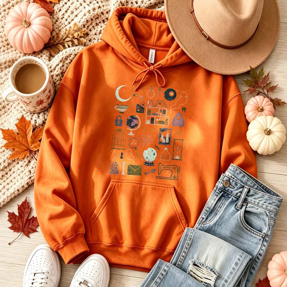 Witchy Doodle Magic Items Graphic Hoodie Unisex Pullover Hooded Sweatshirt Mystical Moon Crystal Ball Potion Bottle Streetwear