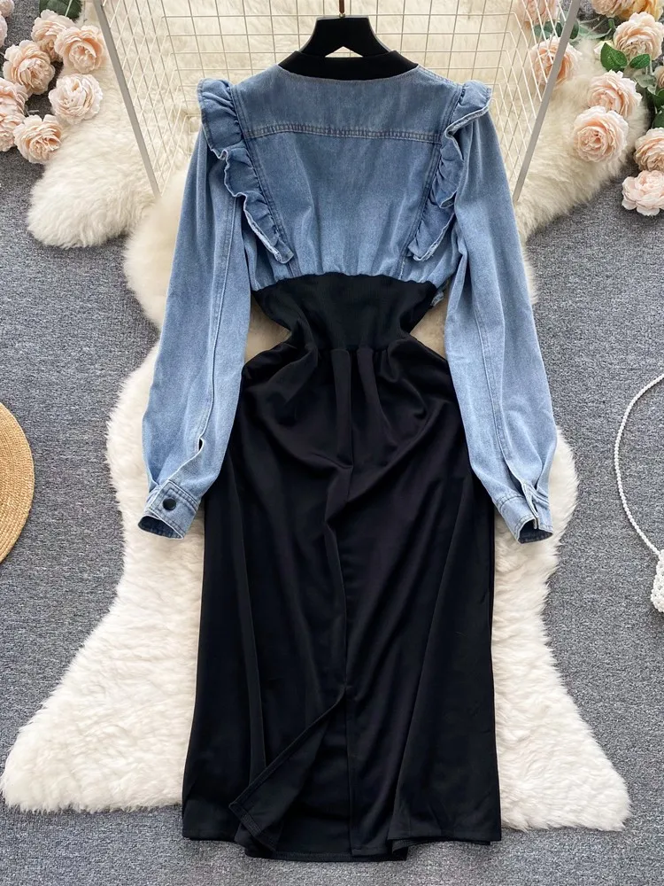 Lusumily Vintage Denim Dress Patchwork Design A-line Jean Dress Woman Elegant Lapel Long Sleeves Female Holiday Vestidos Rober