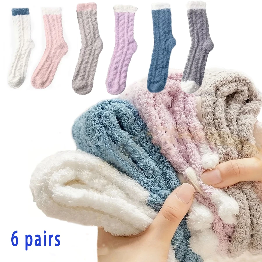 

6 Pairs Women's Coral Fleece Sleep Socks,Winter Thickened Warm Floor Solid Color Home Sleep Socks Towel Socks