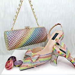 QSGFC 2024 design Rainbow Color Pointed Stiletto Simple Design Ladies Shoes And Bag Party Shoes Bag Friend Party Shoes