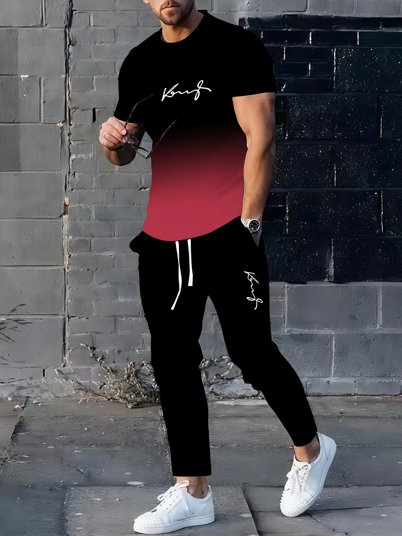 

The 2025 summer new men's set is a 3D printed casual street retro sport two-piece set made of polyester fiber which is comfortab