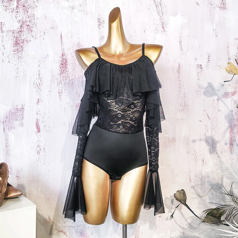 라틴 댄스 의상 여성 블랙 레이스 바디수트 라틴 공연 의상 성인 탱고 볼룸 트레이닝 의상 라틴 탑 VDL5002