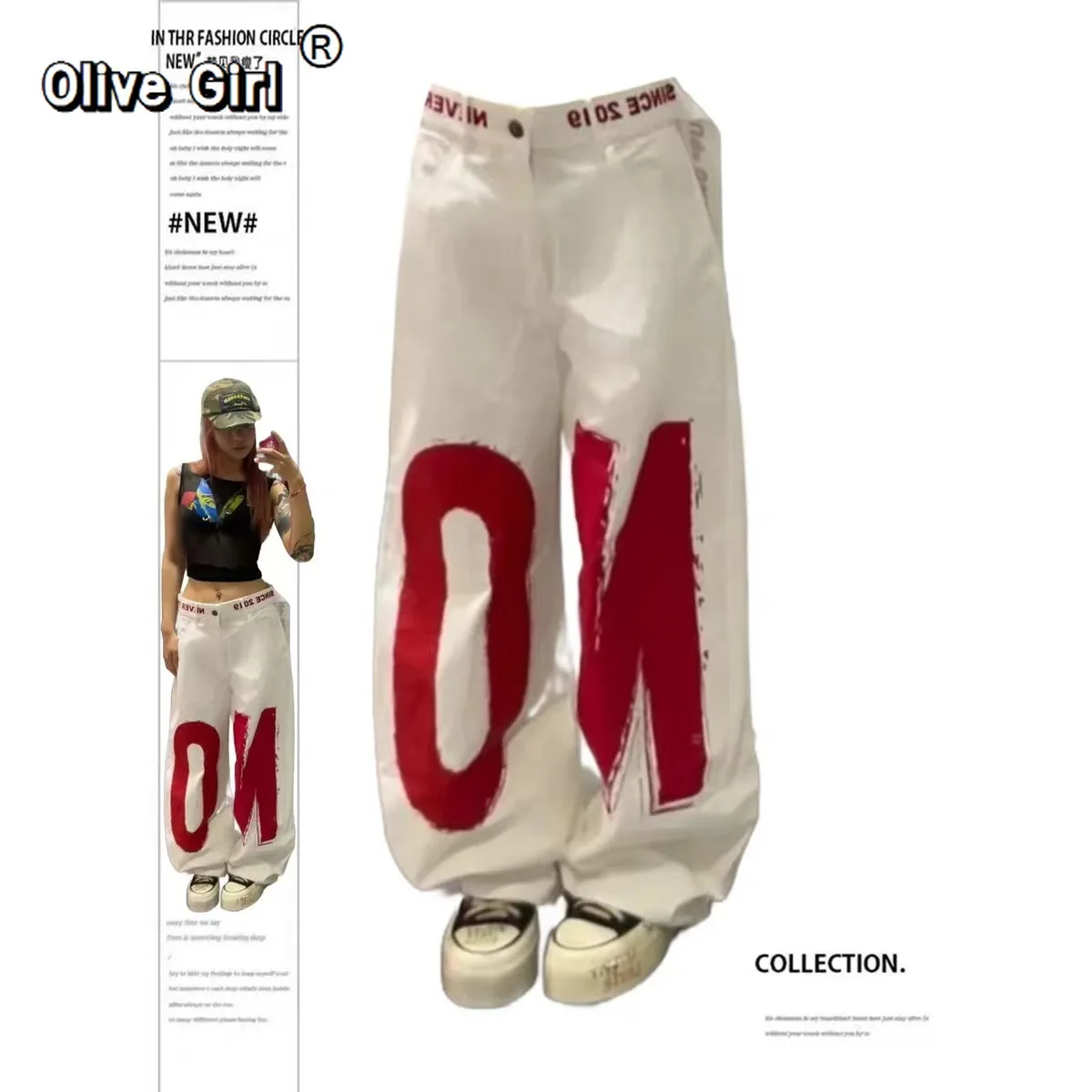 

Весенние женские джинсы, белые мешковатые джинсы с буквенным принтом Y2k, стильные джинсовые брюки 2000-х годов, винтажные брюки в стиле Харадзюку, большие брюки в стиле хип-хоп, осень