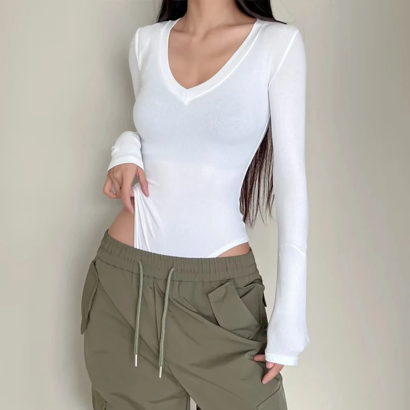 

Women's V Neck Long Sleeved Rib Bodysuit