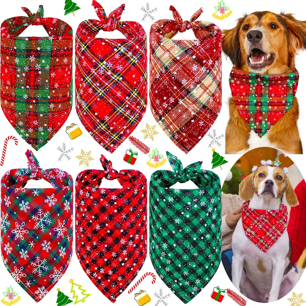 10pcs Wholesale Pet Christmas Triangle Plaid Snowflake Cotton Xmas Bandanas for Small Dog Pet