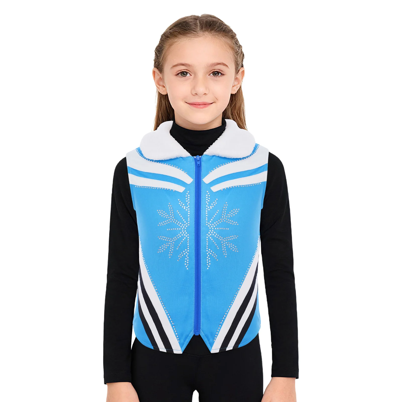 

Girls Shiny Rhinestones Figure Ice Skating Vest Stripes Fleece Collar Sleeveless Zipper Jacket Coat for Competition Performance