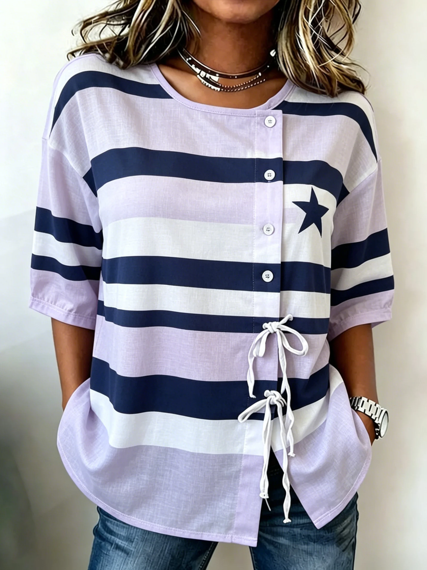 

Women's Purple Striped Star Print Drawstring Button Up Blouse, Casual Round Neck Tops for Spring Summer Daily Vacation Wear