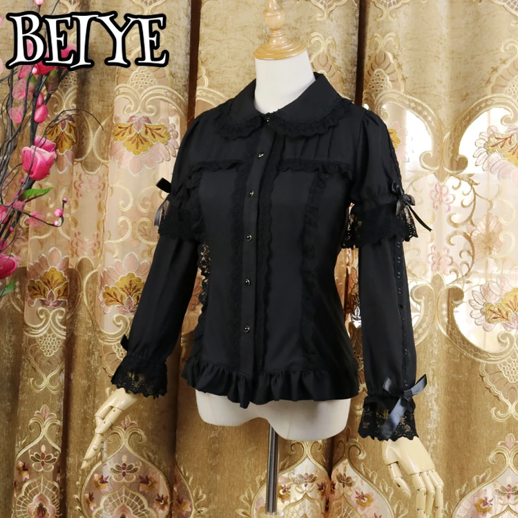 Camisas senhoras manga curta chiffon blusa branco/preto lolita botão para baixo camisa com mangas destacáveis blusas de mujer