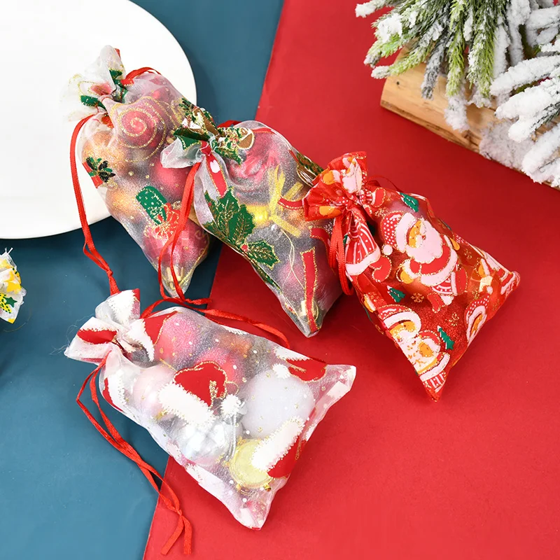 10pcs 15x10cm Mixed Christmas Organza Bags Santa Claus Christmas Tree Printed Candy Gift Bags Jewelry Packing Drawstring Pouches