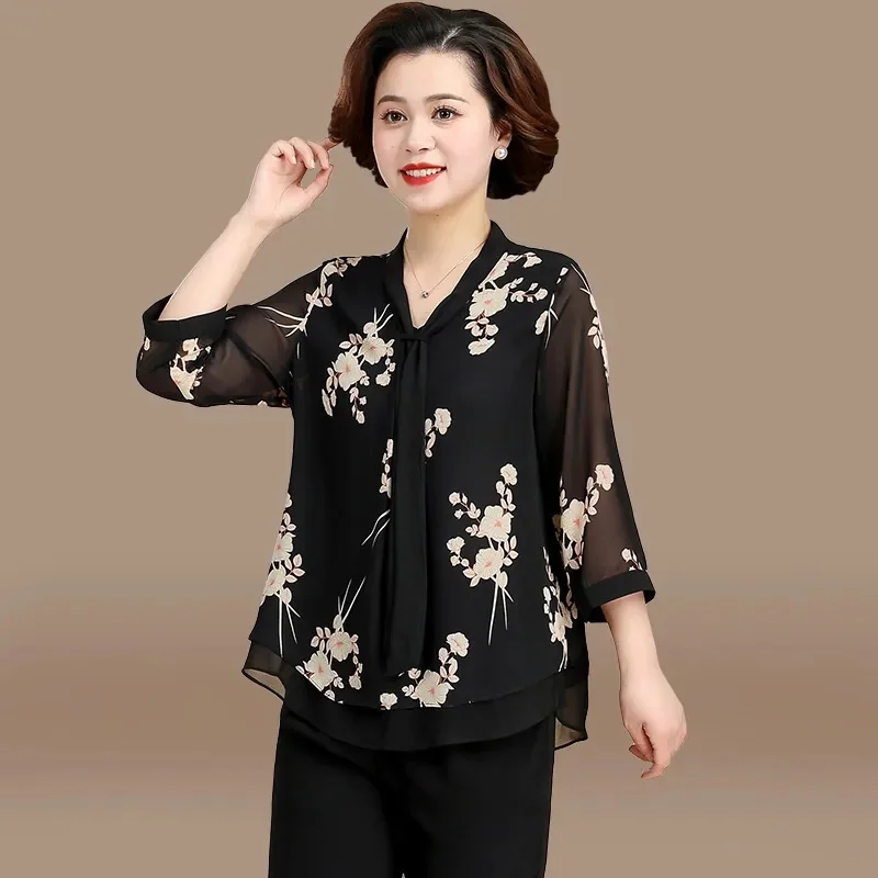 

Middle Aged Mom Set Two Piece 2023 Spring and Autumn New Loose and Fashionable Top Temperament Middle aged Women's Small Shirt