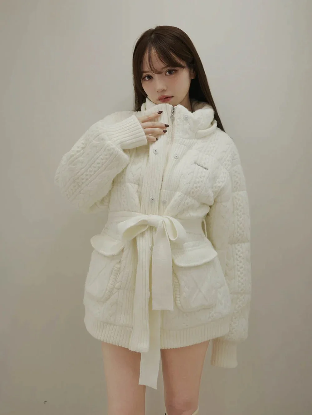 

Autumn Winter New Sle Women's Knitted Splicing Top Waist-Cinching Cotton Jaet Outerwear Warm Versatile Long Sve Zipper