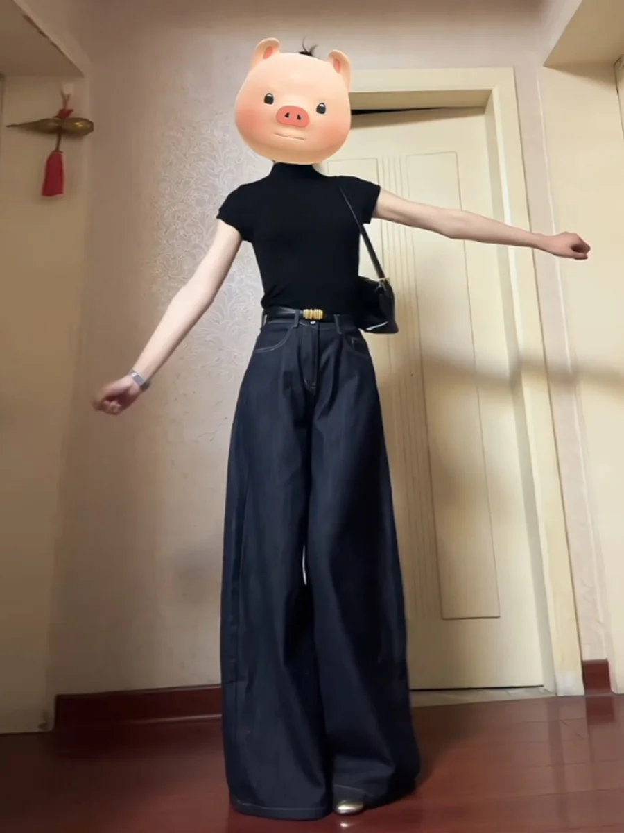 

Deep Blue High Waist Wide Leg Denim Skirt Women's Summer New Style Retro Loose Slimming Straight Floor-Length Pants