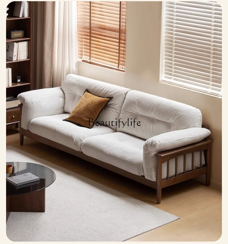 

Solid Wood Sofa Living Room Home Retro Style Fabric Sofa Three-Seater Straight Row