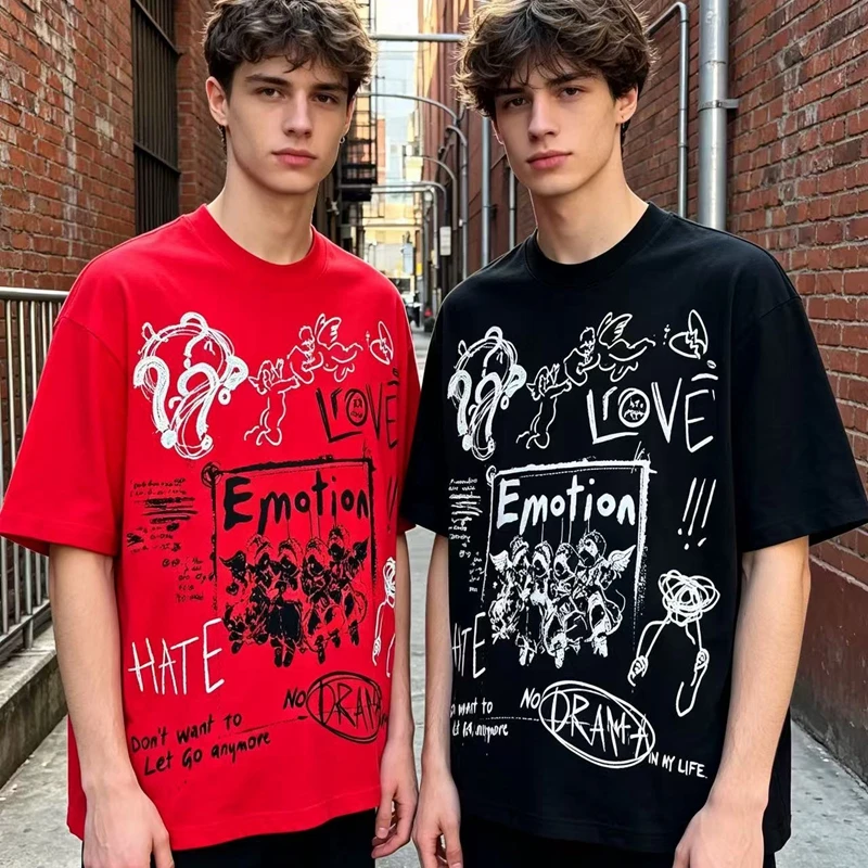 High-Street-Punk-Graffiti-Engel-Print T-Shirts für Männer, Übergroße Rote Kurzarm-Grafik-Tops, Lässige Kleidung aus Baumwolle für den Sommer – Detail 2