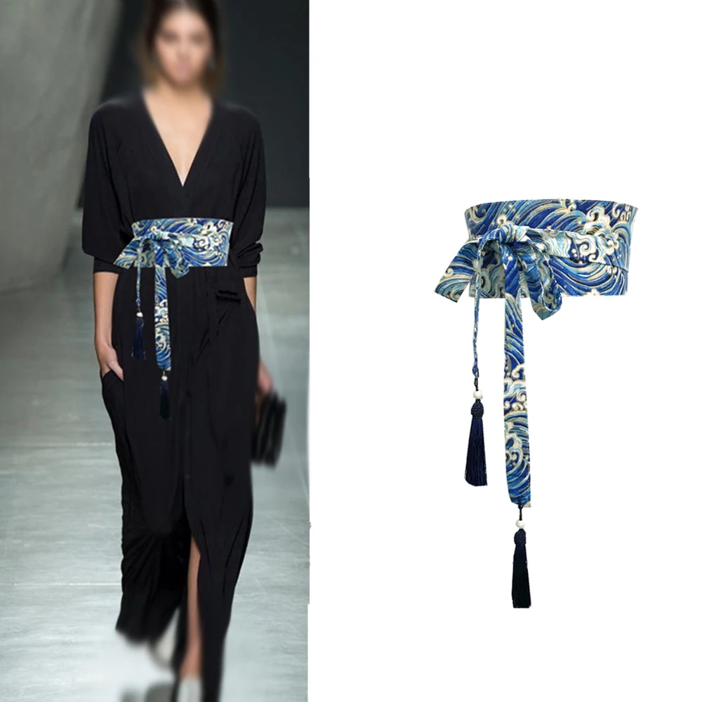 

Японский традиционный пояс-кимоно, женский корсет, пояс с кисточками, синий волнистый узор, широкий пояс юката, журавль Хаори Оби, азиатские поясные ремни