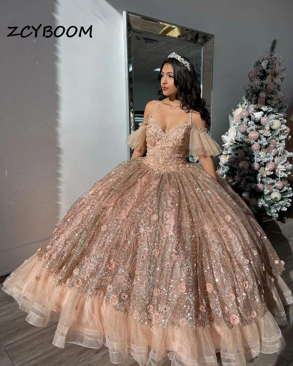 تخصيص قبالة الكتف الأميرة الكرة ثوب الديكور يزين سباركلي الترتر فساتين Quinceanera الحلو 15 16 حزب فساتين