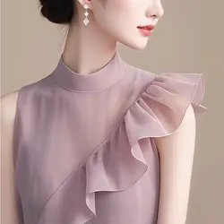 Temperament Red Chiffon Sleeveless Top French Unique Beautiful Blouse Fashionable Ruffled Patchwork Shirt for Women in Summer