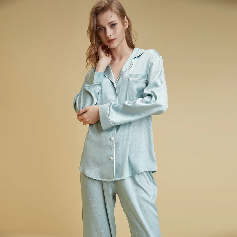 Spring Autumn Women 2PCS Pajamas Set Blue Solid Long Sleeve Trouser Sleepwear Suit French Style Loose Satin Home Wear Pijamas