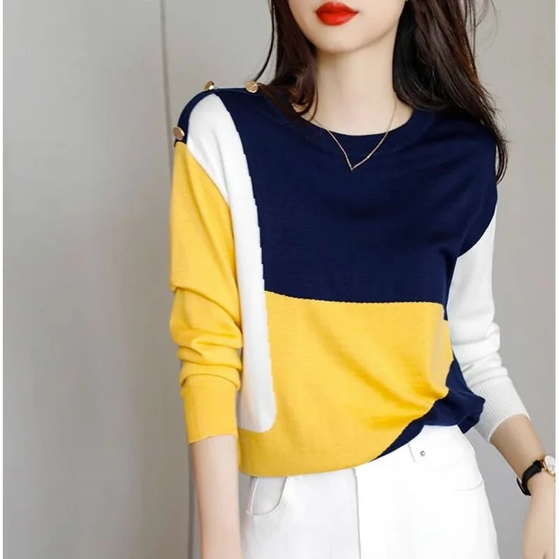 New Autumn/Winter Fashion Korean Edition Irregular Colorblock Round Neck Loose Versatile Foreigner Long Sleeve Women's Sweater