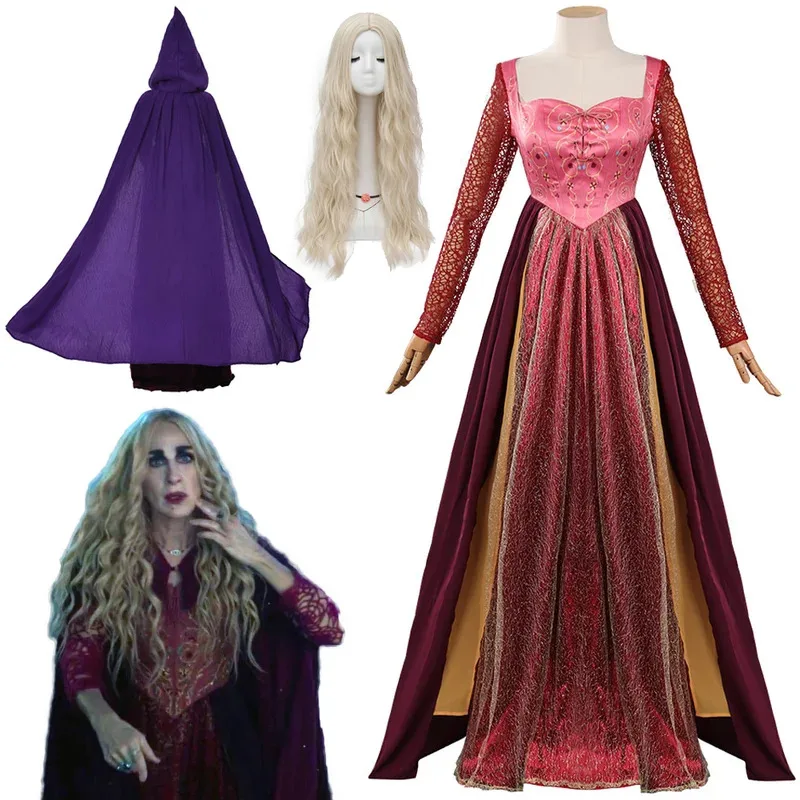 Sarah Sanderson-vestidos de fantasía para mujer, capa, peluca, película Hocus de bruja, disfraz de Pocus, ropa de fiesta de Halloween para mujer