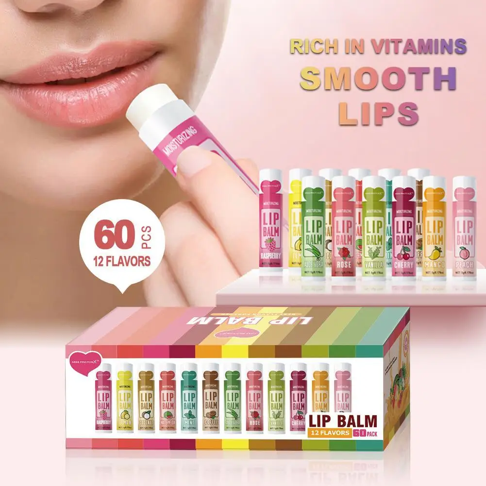 

60PCS Fruit Taste Moisturizing Lip Balm Set 5g Long-lasting Moisturize Deep Hydration Brightening Light Lip Liner Cosmetics