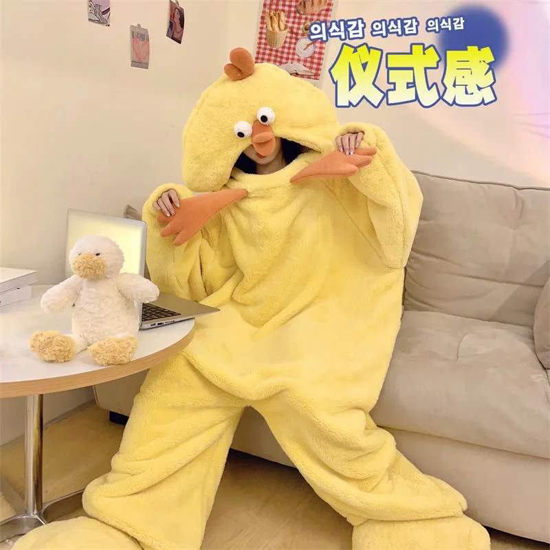 2026 Little Yellow Chicken One-Piece Sleepwear Coral Fleece Funny Girl Cartoon Pajamas Home Wear Matching Couple Set Pajama Sets