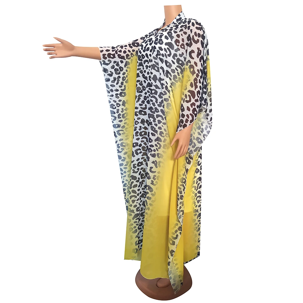 New Two Pieces Set African Dresses Women Dashiki Leopard Gown Abaya Dubai Muslim Maxi Vestidos Femme Robe with Inner Dress