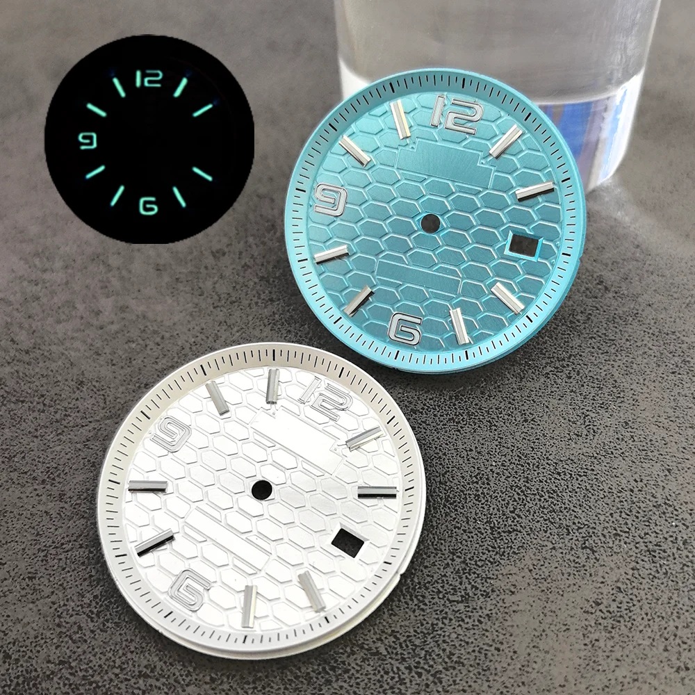 Quadrante da 33,5 mm compatibile con parti di ricambio per la riparazione dell'orologio con datario verde luminoso Land-Dwell con movimento NH35