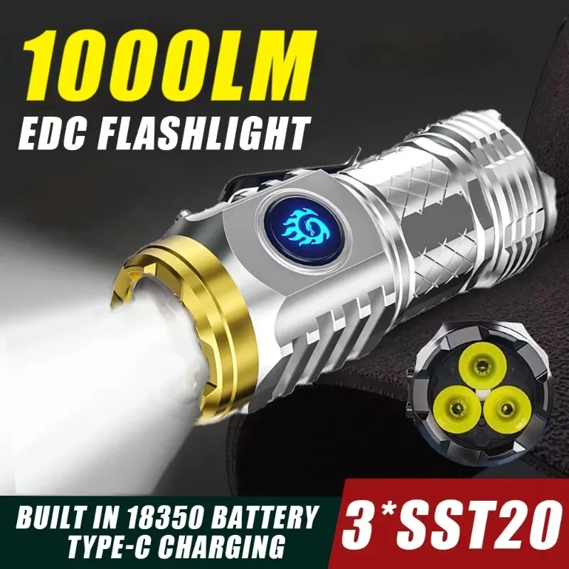 

3*LED Powerful Mini LED Flashlight Built-in Battery Type-C Rechargeable Super Bright EDC Torch Outdoor Emergency Camping Lantern