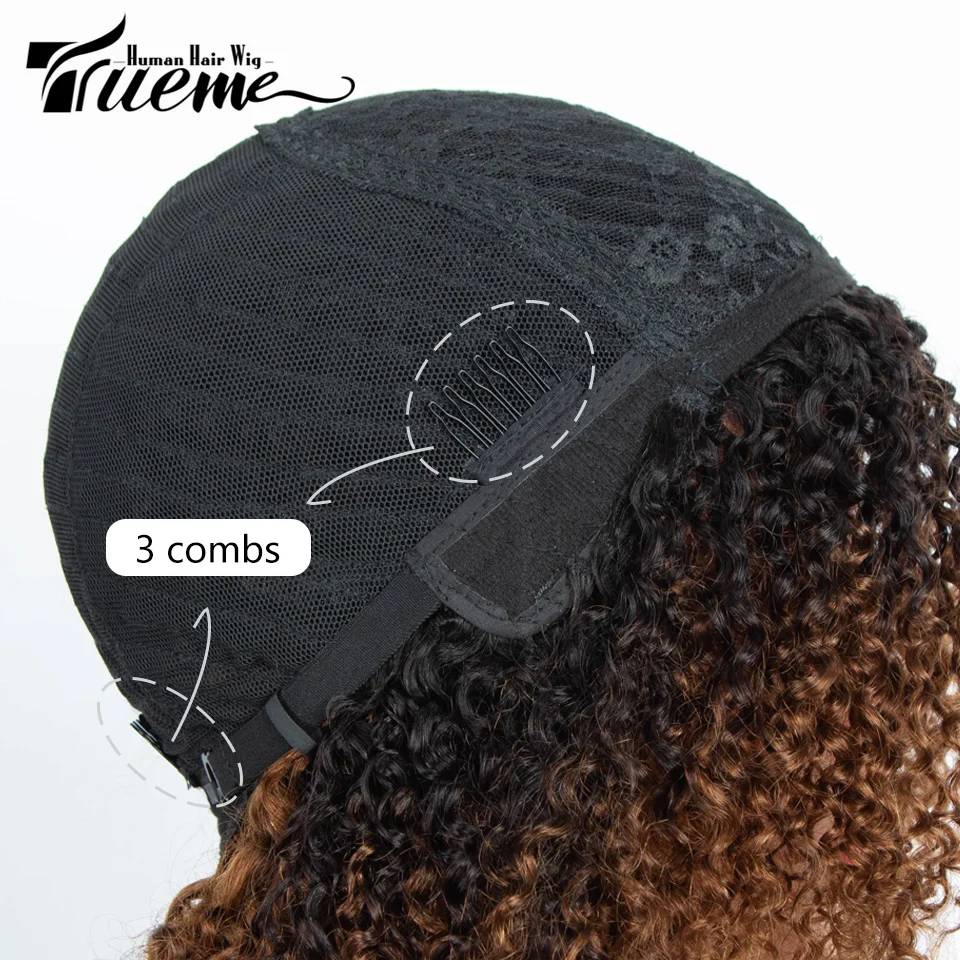 Trueme-Perruque Bob Brésilienne Naturelle avec Frange, Cheveux Crépus Bouclés, Noirs, Ombrés, Balayage Brun, 180% de Densité, pour Femme