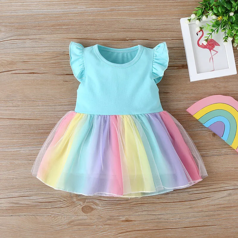 Summer Girls\' Rainbow Dress 0-4Y Cute Children\'s Mesh Patchwork Princess Dress Kid\'s Clothes Baby Flying Sleeve Fluffy Skirt