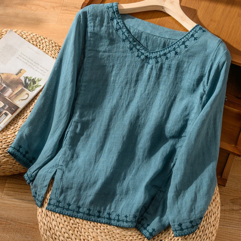 Women Spring Summer Imitation Cotton Linen Shirt Lady Vintage Embroidery Tops Retro Literary Art Blouse Chic Casual Loose Shirts