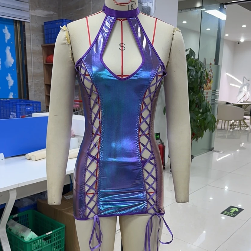 

Women's Patent Leather Lingerie Set Alluring Open Back Sleeveless Halter Dress with G-String 2 Pcs Set for Romantic Nights