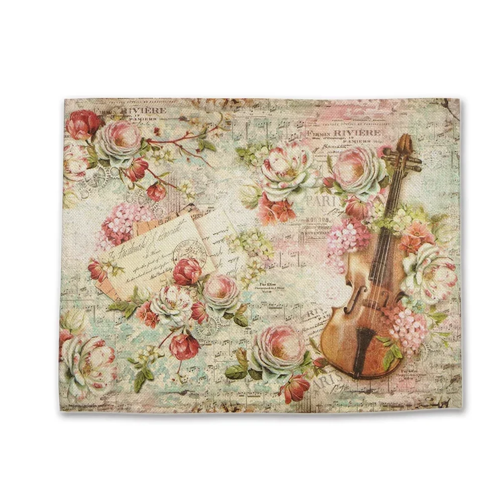 Pink Shabby Chic Vintage Flower Rose Placemat Decoupage Stamperia Coaster Linen Table Xmas Decor Pad Bowl Coffee Cup Mat 45x32CM