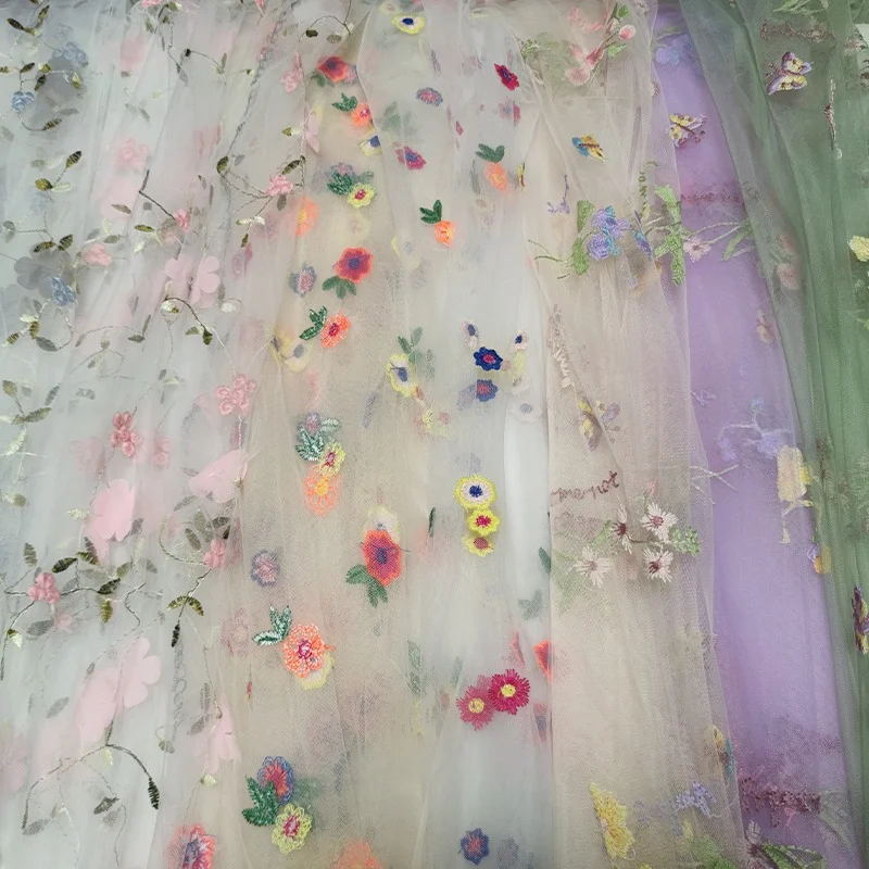 Multicolor Flower Embroidered Sheer Tulle Fabric, Floral Mesh Lace for Wedding Arch Backdrop, Dress Making & DIY Decor