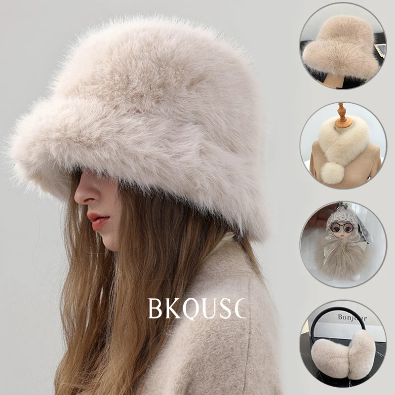 BKQUSC الفاخرة الفراء المرأة بيني ضوء الكاكي سلسلة القبعات وشاح الأذن Protacter شتاء جديد دافئ أفخم قبعة وشاح الأذن حامي مجموعة