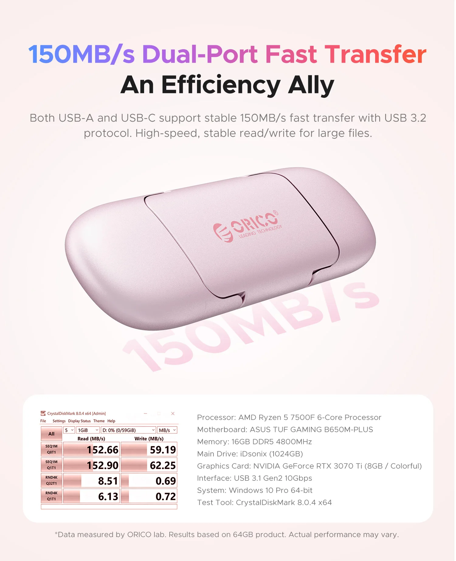 ORICO Portable Flash Drive Dual USB Flash Drive Type C + USB A Portable Type-C Flash Drive 2-in-1 USB-C Thumb Drive for MacBook