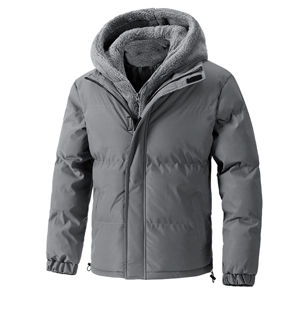 

Men's Oversize Winter New Fake 2Piece Hooded Fleece Lined Thickened Warm Cotton Jacket Bread-style Fashion Male Outwear
