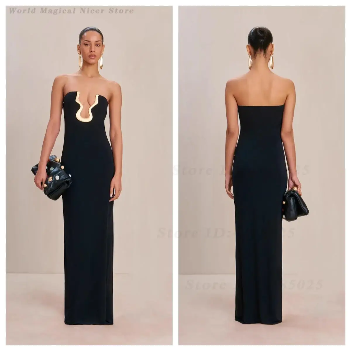 Strapless Deep V Metal Embellished Maxi Dress for Women Black Slim Bodycon Formal Long Gown Birthday Banquet Cocktail Party