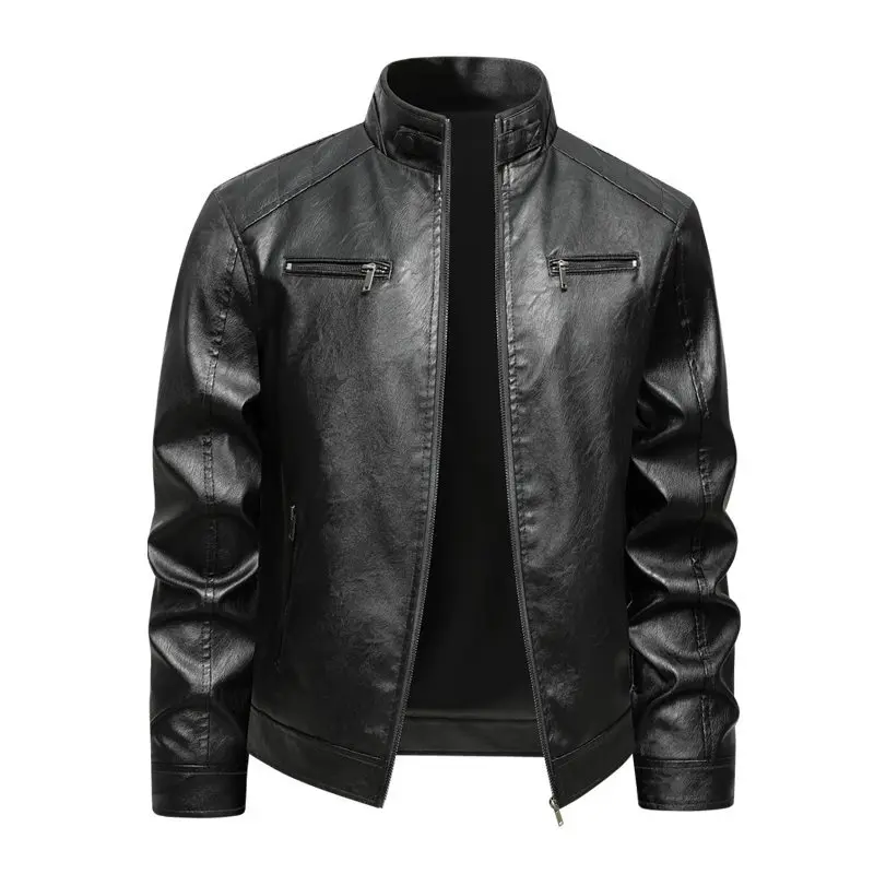 

Мужская мотоциклетная куртка большого размера из искусственной кожи с воротником-стойкой, осенне-зимняя, модная, в корейском стиле, с длинными рукавами