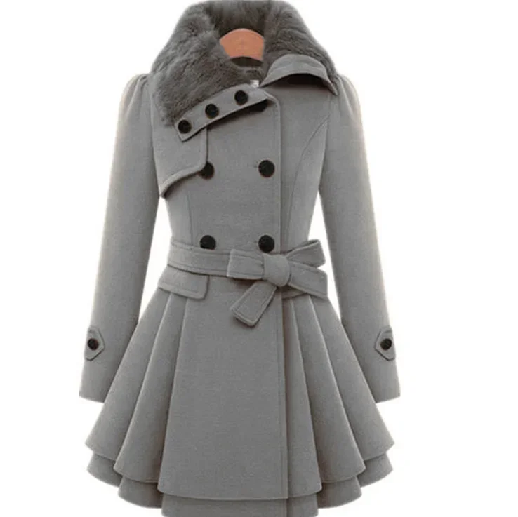 

Popular Jackets Women 2023 fashion New belt double-breasted Fleece Female long women coat with Detachable Fur Collar