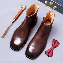 Solid Color Top Layer Cowhide Genuine Leather Men's Ankle Boots Vintage Boots Wide Round Toe Zipper British Style High Top Shoes
