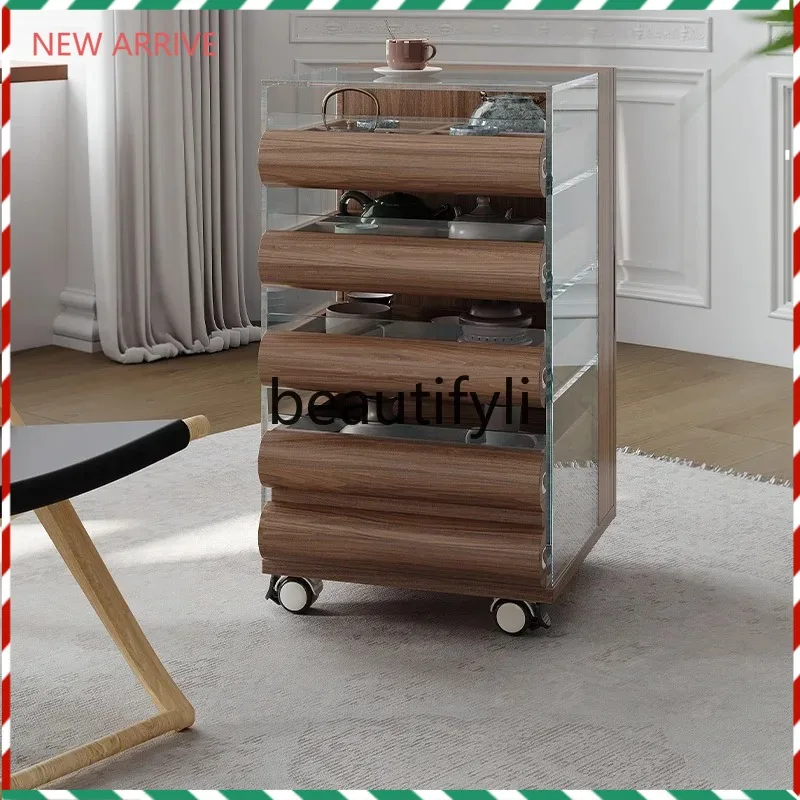 

D2520 Mobile tea table side cabinet tea set storage glass display solid wood tea cabinet table storage side table