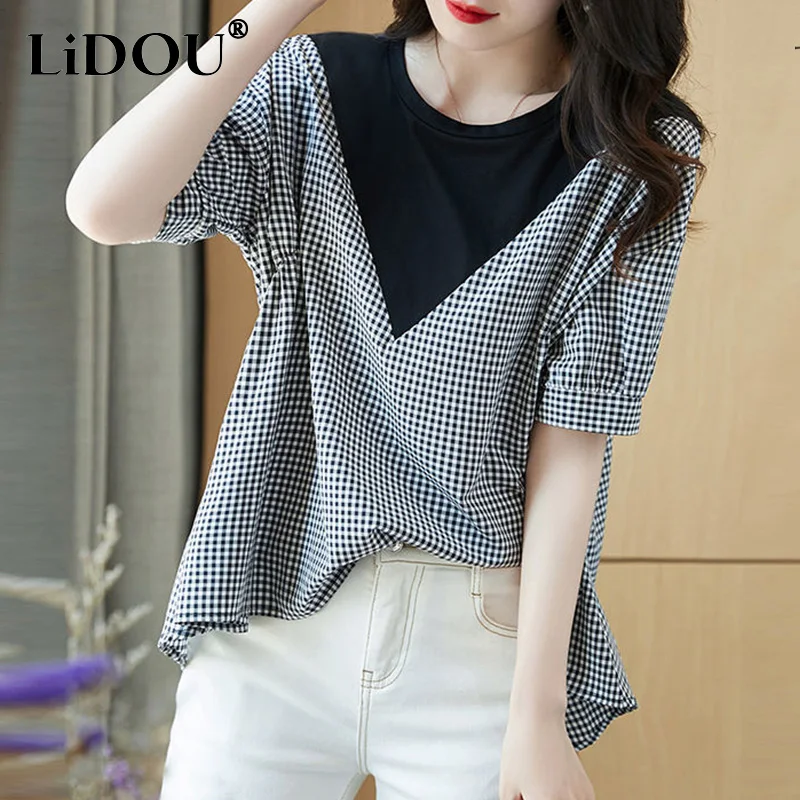 

Summer Fashion Pure Cotton Spliced Plaid T-shirts Women Y2K Casual Loose Lady Tops Korean All Match Pullover Chic Female Clothes