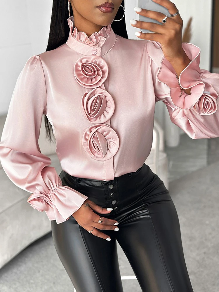 Rose Detail Frill Hem Bell Sleeve Top