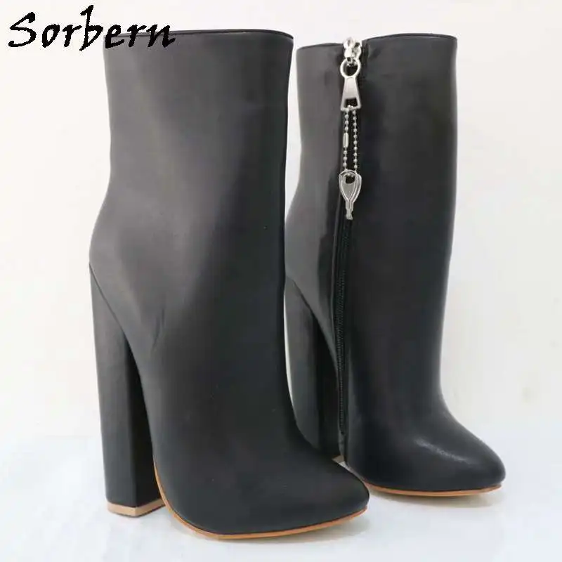 Sorbern Black Matte Ankle Boots For Women Block High Heel Lockable Zippers Short Booties Chunky High Heel Shoes Custom