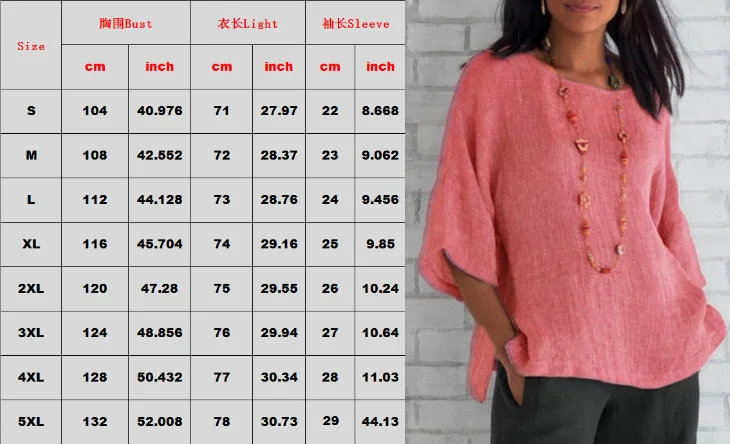 Plus Größe Baumwolle Bluse Shirts Sommer Oansatz Drei Viertel Lose Beiläufige Bluse Tops Sommer Kleidung Für Frauen Streetwear – Detail 1