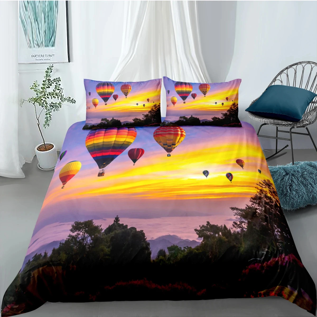 Hot Air Balloon King Queen Duvet Cover Alpine White Clouds Bedding Set Natural Scenery Mountains Forests Polyester Quilt Cover